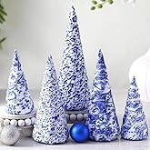 DoubleFill 5 Pcs Chinoiserie Christmas Tree Mini Cone Table Decor Blue and White Porcelain Christmas Tree Table Centerpiece for Home Wedding Party Holiday Decor Mantle Decoration