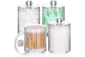 Tbestmax 4 Pack Qtip Holder - Restroom Bathroom Organizers with Clear Plastic Apothecary Jars for Cotton Swab, Round Pads, Fl