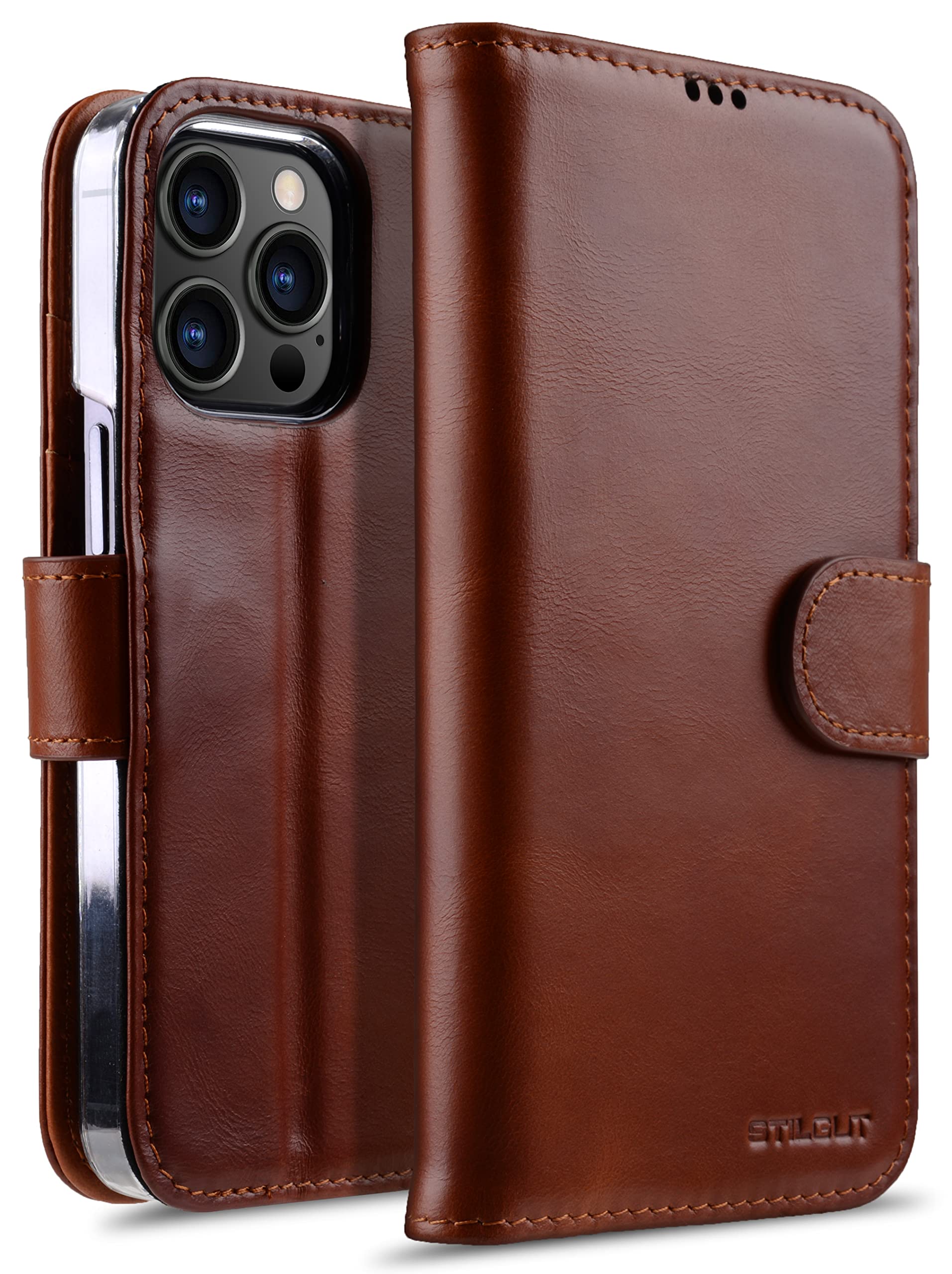 STILGUT Talis Compatible with iPhone 13 Pro Max (6.7 Inch) Case with Card Slot, Leather Flip Cover, Wallet Case, Mobile Phone Case with Compartments, Stand Function & Closure - Cognac Nappa