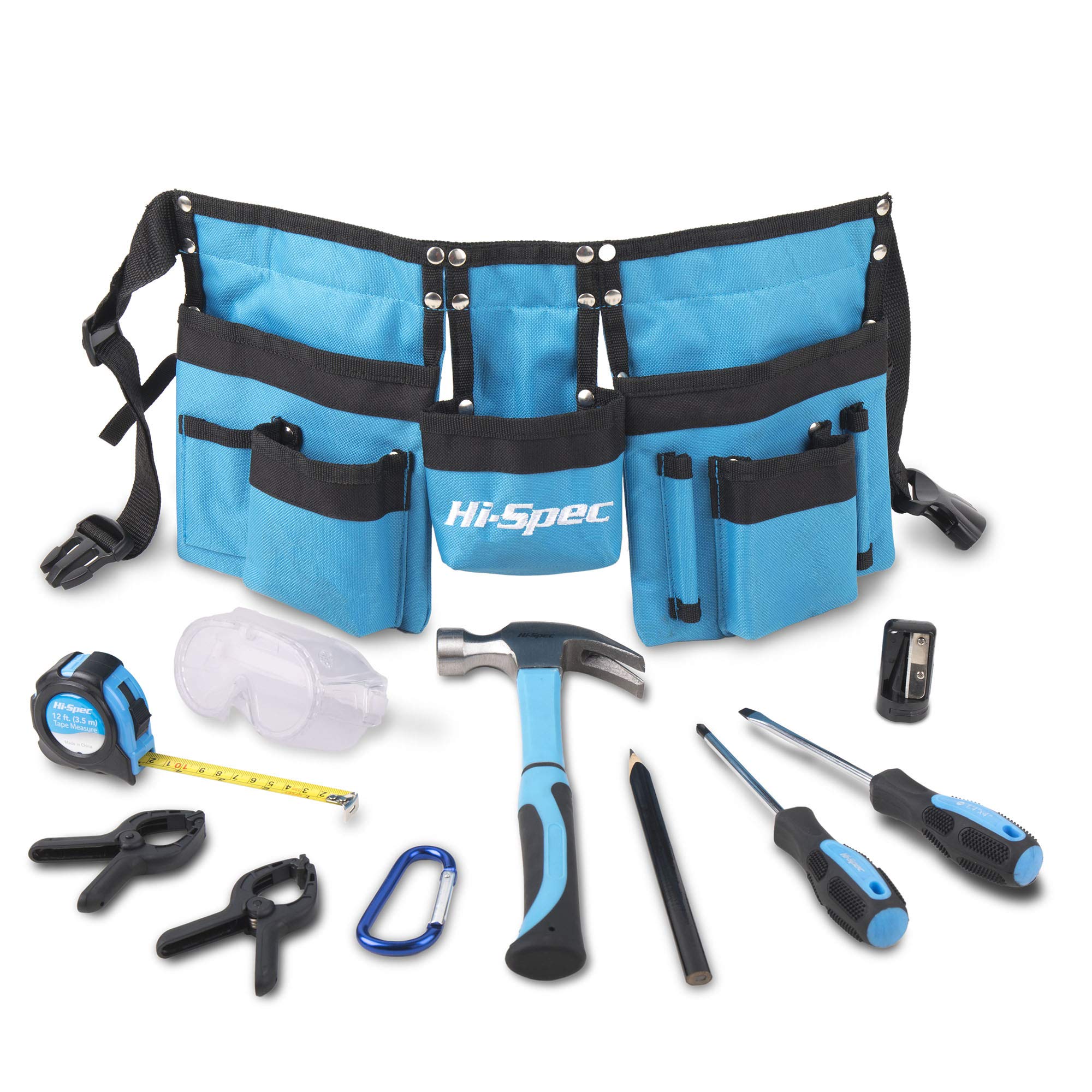 Hi-Spec 12 Piece Young Builder’s Tool Set & Tool Belt with REAL Hand Tools, Accessories, Eye Protection & Tool Pouch (Waists 27”+) for Home DIY, Carpentry and Woodworking Projects (Blue) - Great Gift