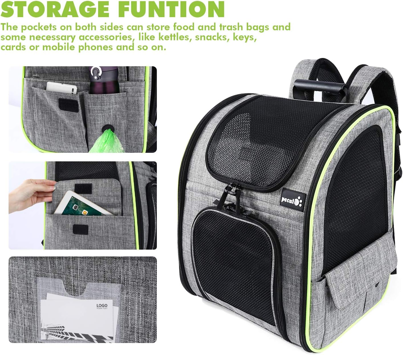 Zaino Trasportino Per Cani E Gatti PECUTE - Estensibile, Ventilato, Con Cuscino, Grigio - Foto 2