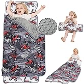 Viviland Toddler Nap Mat with Pillow and Minky Dot Blanket, Rolled Large Sleeping Mat for Boys, Kids Slumber Bag/Nap Mat for Preschool, Daycare, Kindergarten, Travel Camping - Cool Motocycle