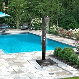 Elbe Gartendusche aus Edelstahl und gehärtetes Glas, mit Einhebelmischer, Pooldusche mit Kopfdusche und Handbrause, außenes Duschpaneel, WPC Bodenplatte in anthrazit grau, für Garten, Pool