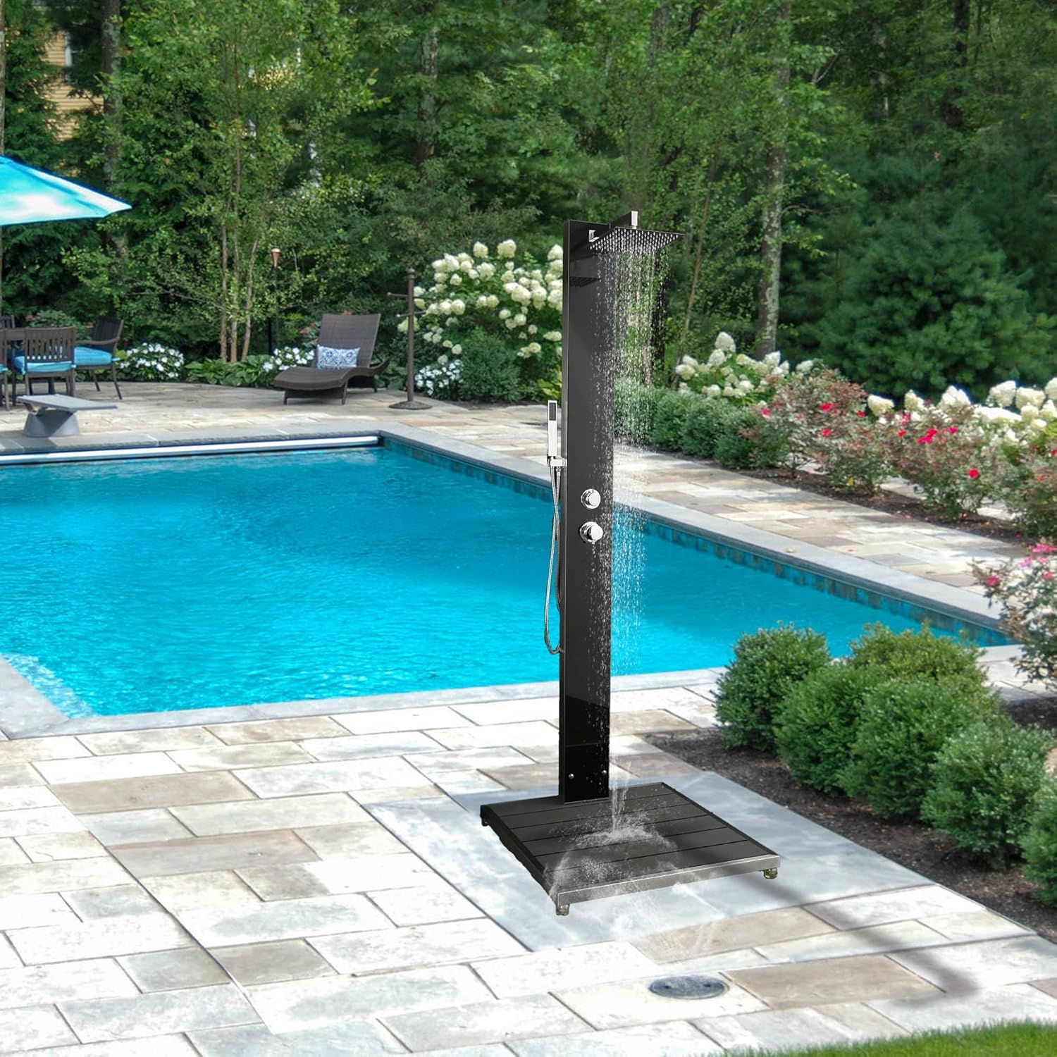 Elbe Gartendusche aus Edelstahl und gehärtetes Glas, mit Einhebelmischer, Pooldusche mit Kopfdusche und Handbrause, außenes Duschpaneel, WPC Bodenplatte in anthrazit grau, für Garten, Pool