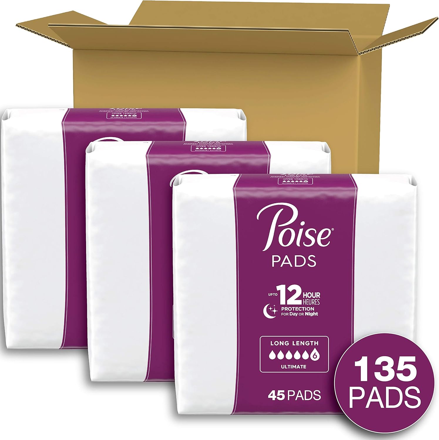 Poise Incontinence Pads for Women, Ultimate Absorbency, Long, Original Design, 135 Count (3 Packs of 45) (Packaging May Vary): Health & Personal Care