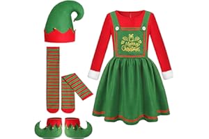XUEKAIKAI Christmas Elf Girl Costume Set,Festive Holiday Elf Dress Outfit with Hat,Stockings,and Shoes