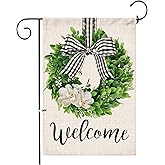 Hexagram Spring Welcome Garden Flag 12x18 Inch Outside, Mailbox Decor, Seasonal Outdoor Linen Double Sided Spring Summer Flags for Outside, Boxwood Wreath Buffalo Plaid Yard Farmhouse Flag Decoration