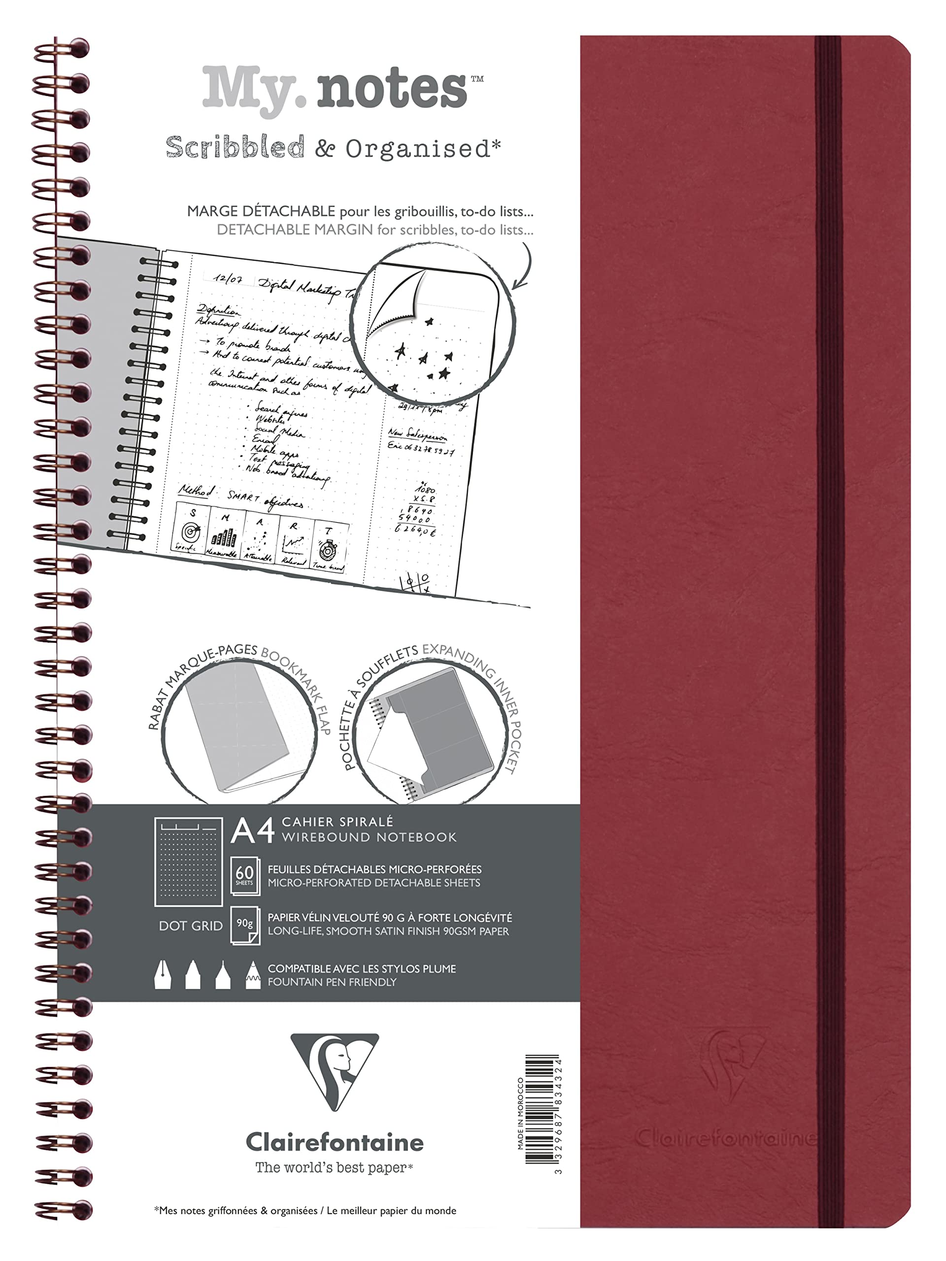 Clairefontaine 783432C Age Bag Collection MyNotes Red Spiral Notebook w/ Margins A4 21x29.7cm - 120 Detachable Pages DOT - White Paper 90g - Card Cover Leather — image 1