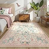 Morebes Washable 5x7 Floral Pink Rugs for Bedroom, Non Slip Cute Nursery Rug for Baby Room, Soft Low Pile Carpet for Kid Playroom Living Room Dorm Indoor Home Decor (Pink 5'x7')