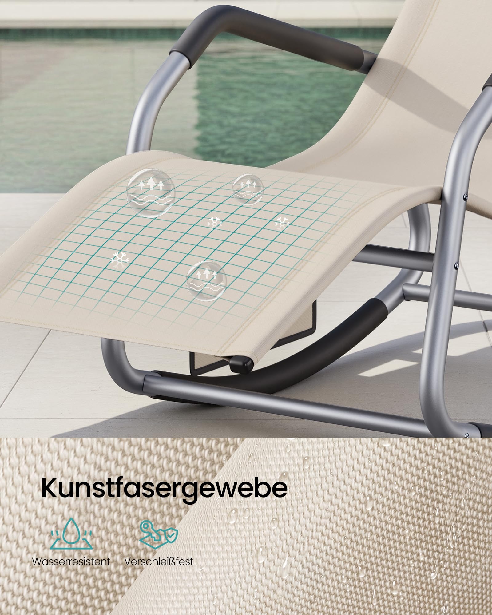 SONGMICS Schaukelliege, Liegestuhl, Schaukelstuhl, Stopper als Umkippschutz, verstellbare Kopfstütze, Stahlrahmen, atmungsaktiv, Seitentasche, für Garten, 151 x 56,2 x 97,3 cm, beige GCB230WZ01 7