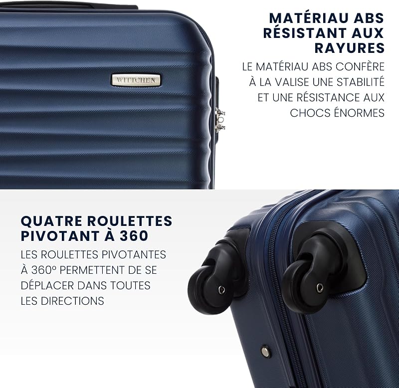 Valise de Voyage Set de 4 valises Valise à roulettes Bagages à Main ABS 4 roulettes pivotantes Serrure à Combinaison Poignée télescopique Groove Line Bleu Marine Air France/Easyjet