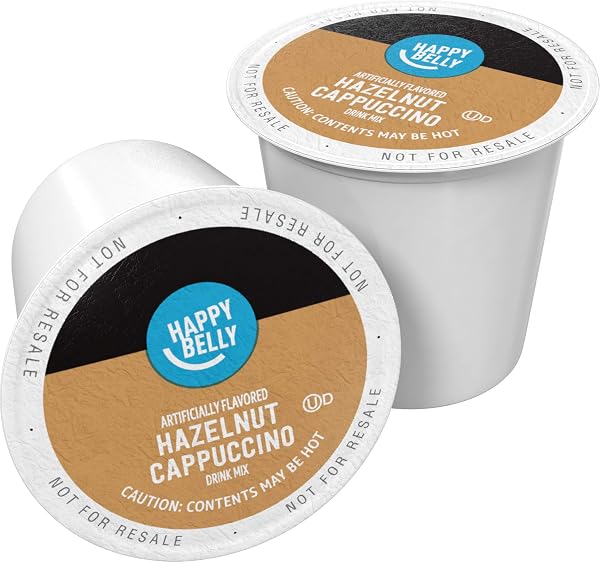 HAPPY BELLY LIGHT ROAST CAPPUCCINO COFFEE PODS, HAZELNUT FLAVORED, COMPATIBLE WITH K-CUP BREWERS, 24 COUNT
