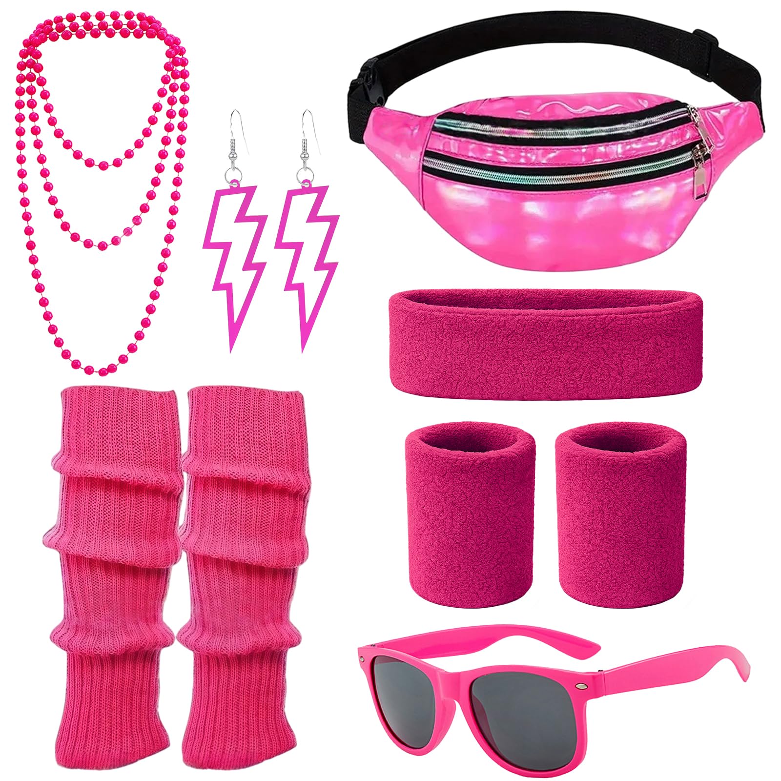 80s Outfit Women's Retro Costume Clothing Accessories 80s 90s Clothing Costume Accessories Headband,Bracelets,Leg Warmers,Earrings,Belt Bag and Glasses for Carnival Neon Party (7, Rose pink, One Size)