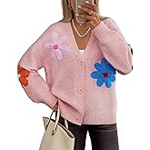 ZESICA Womens 2026 Spring Floral Cardigan Sweaters Casual Long Sleeve Open Front Button Down V Neck Knit Sweater
