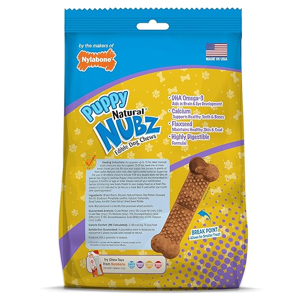 NYLABONE NUBZ NATURAL DOG CHEW TREATS FOR PUPPIES, LONG LASTING DOG BONES MADE IN USA, PUPPY TRAINING TREATS, TURKEY & SWEET POTATO FLAVOR, FOR PUPPIES UP TO 25 LBS. (8 COUNT)