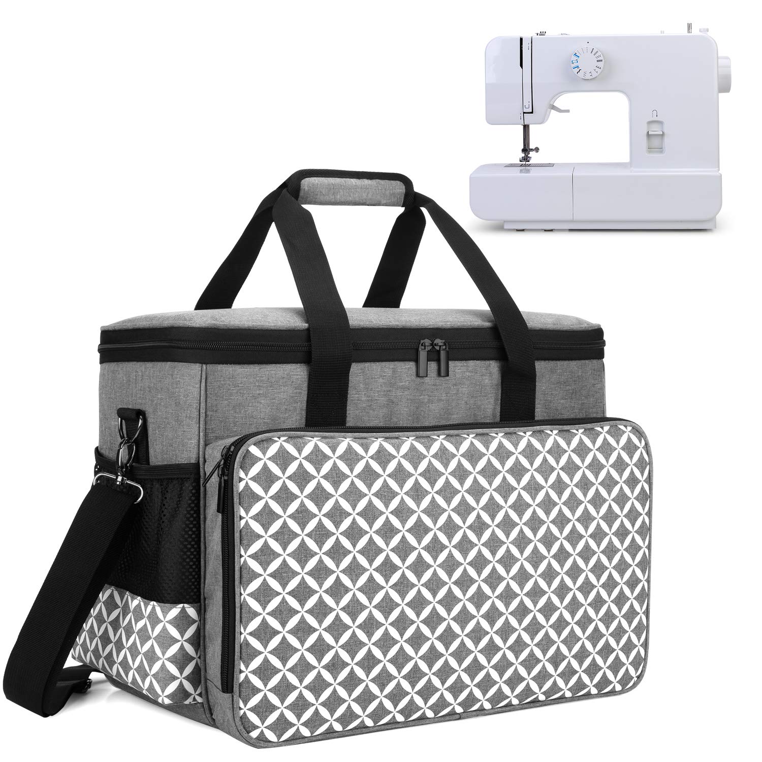 Yarwo Sewing Machine Carrying Case with Bottom Wooden Board, Universal Sewing Machine Bag Compatible with Most Major Sewing Machine and Accessories, Grey with Oval Pattern