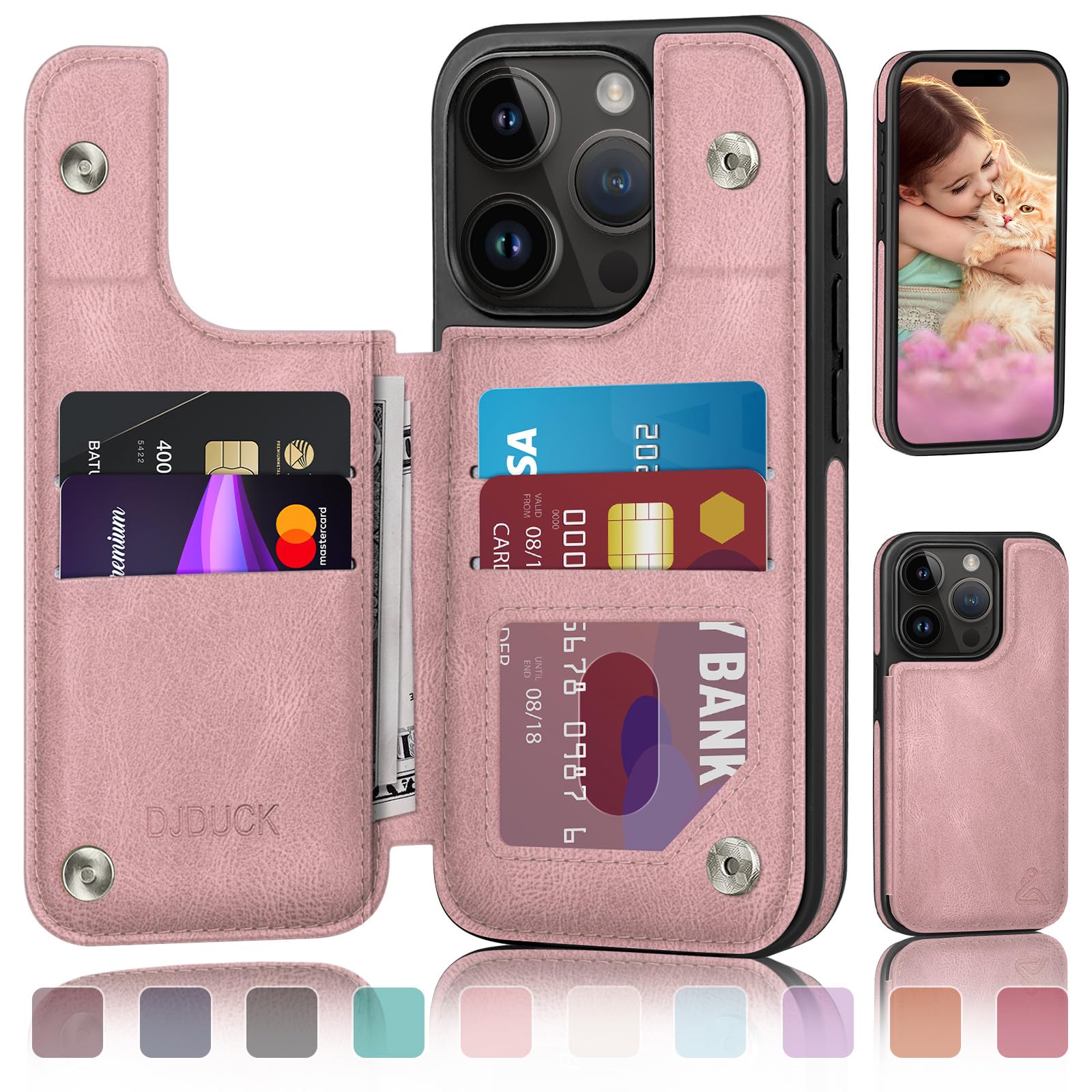Photo 1 of DJDUCK Designed for iPhone 15 Pro Max Case Wallet with Card Holder, [Magnetic Clasp Cover][RFID Blocking Leather Protection] Shockproof Women Men Cases 6.7 Inch for Apple 15 ProMax Pink