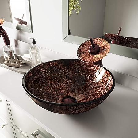 Vigo Kenyan Twilight Glass Vessel Bathroom Sink And Waterfall