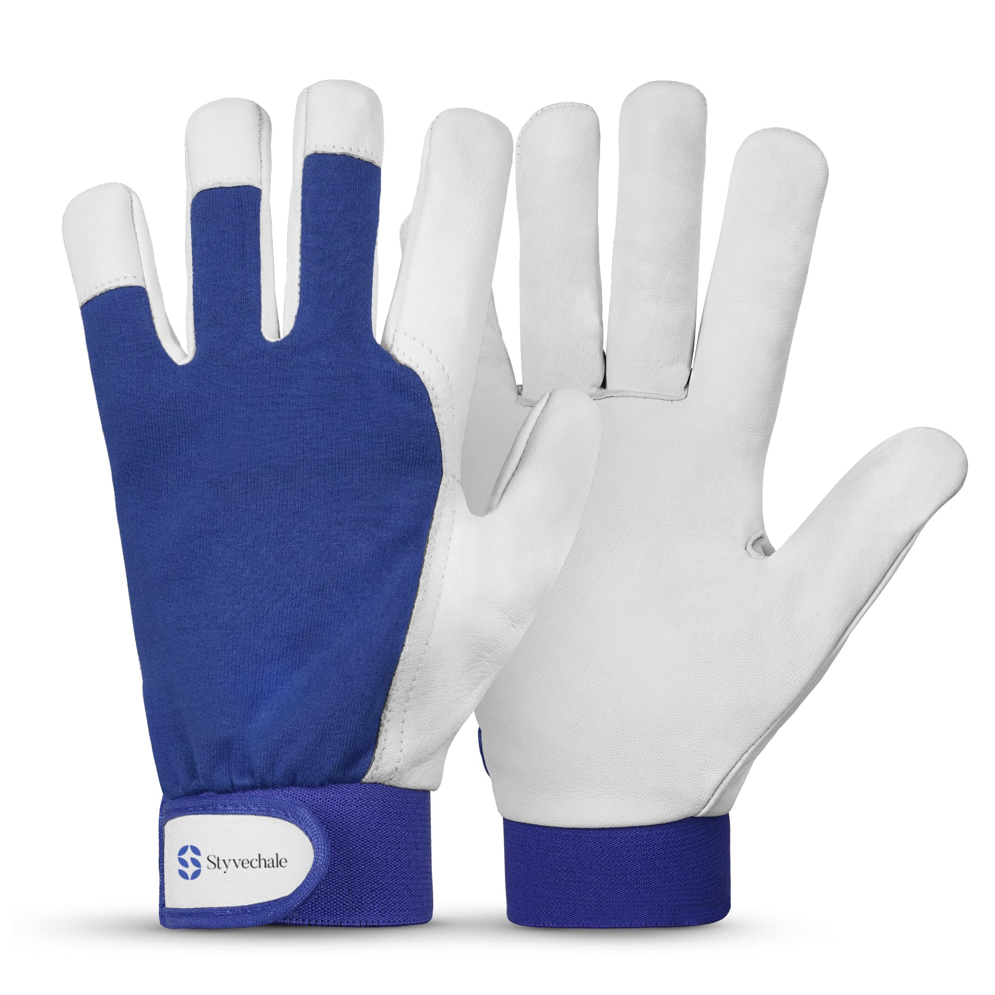 Gardening Gloves for Men & Women, Leather Palm & Breathable Spandex Back, Thorn-Proof Gardening Gloves, Multipurpose Safety Gloves for Mechanics, Warehouse, Driving, Digging, Landscaping (Blue, XL)