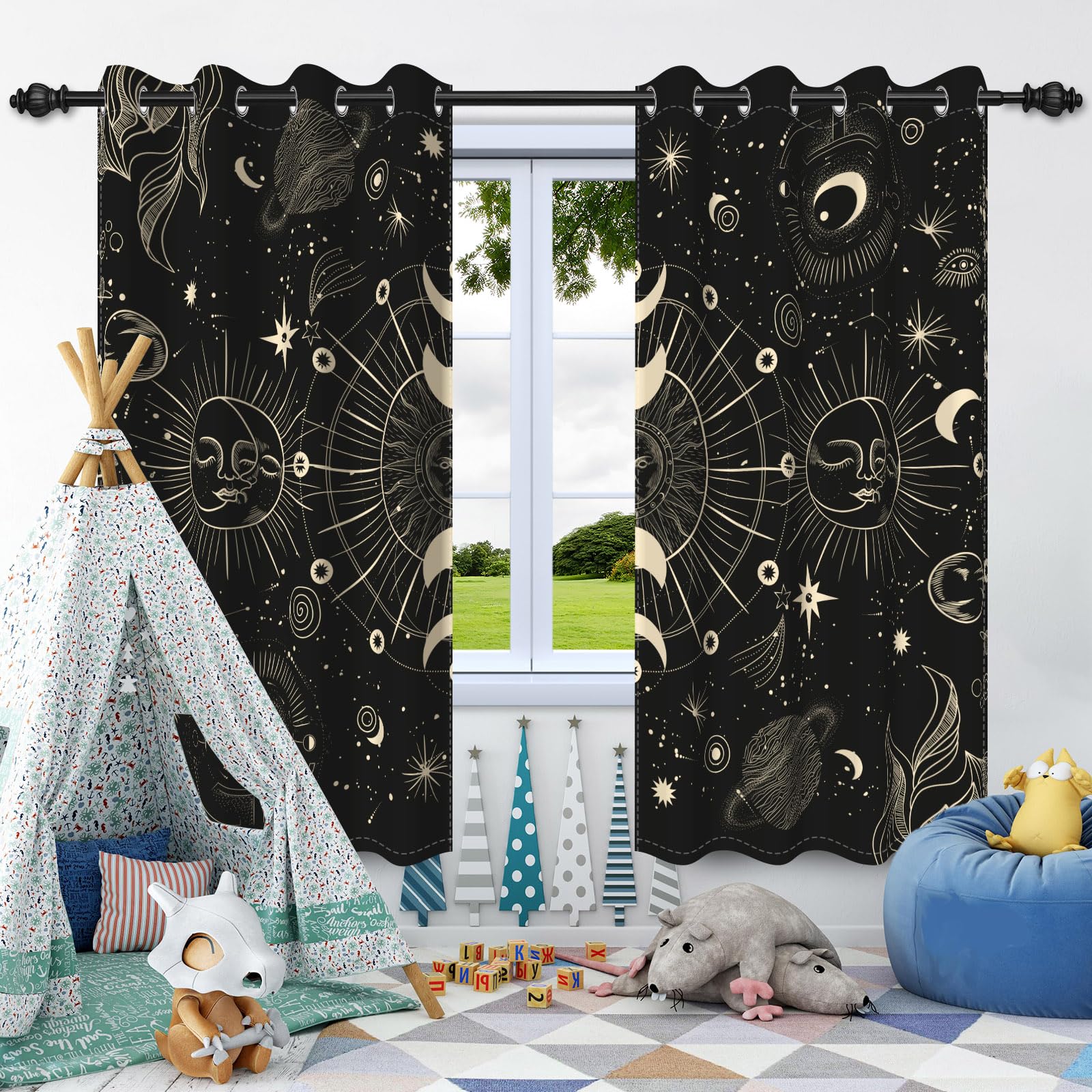 SDOTPMT Gothic Tarot Astrology Window Curtain Sun Moon Stars Galaxy Window Drapes Black Window Treatment for Living Room Bedroom Decor Blackout Curtains 107x215cm, 2 Panels