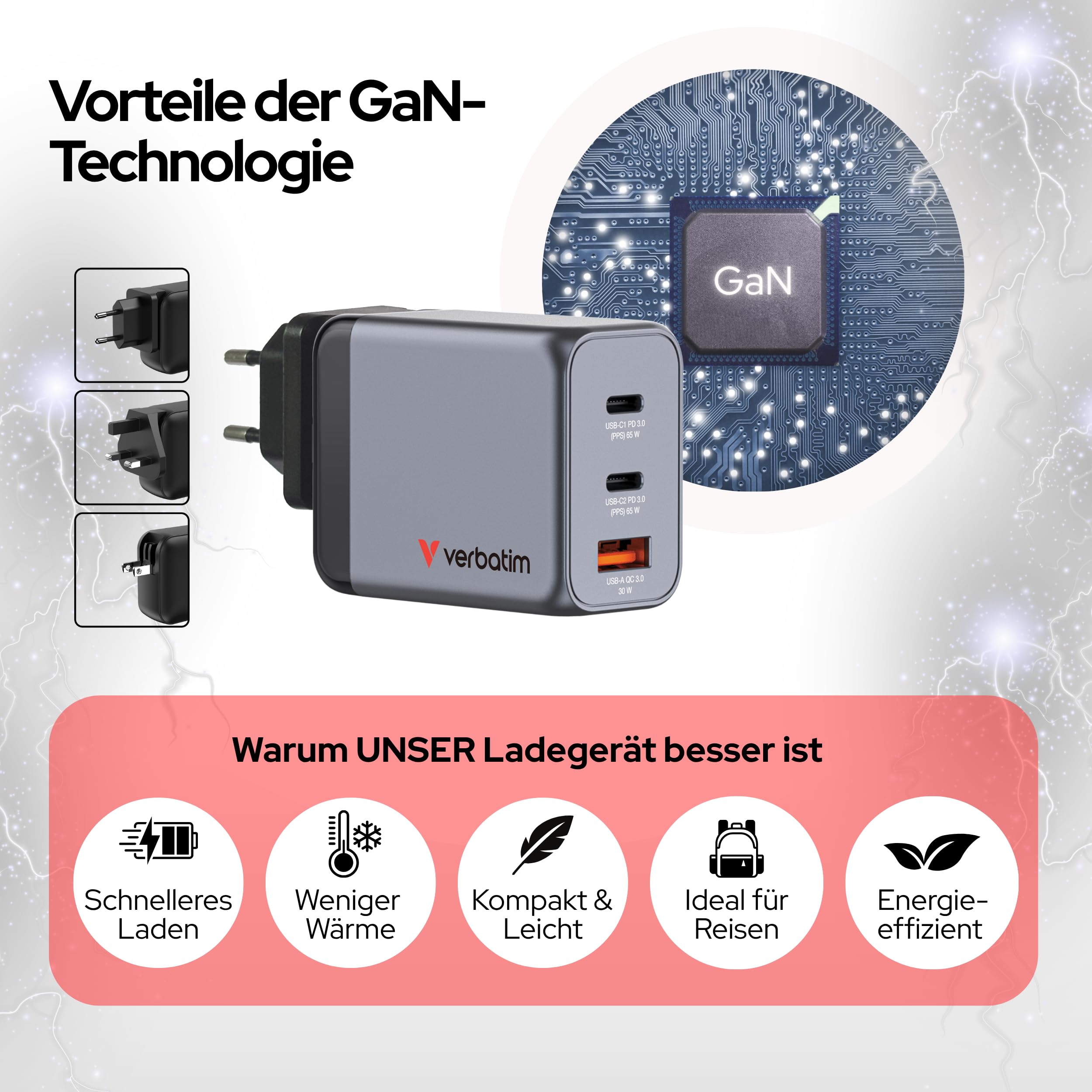 Verbatim GaN Charger 65 W, 3 Ports USB-C Ladegerät, Power Adapter mit 2 x USB-C und 1 x USB-A, Schnellladegerät als Mehrfachstecker, für Apple MacBook, Notebook, iPad, iPhone, Samsung und Co 4