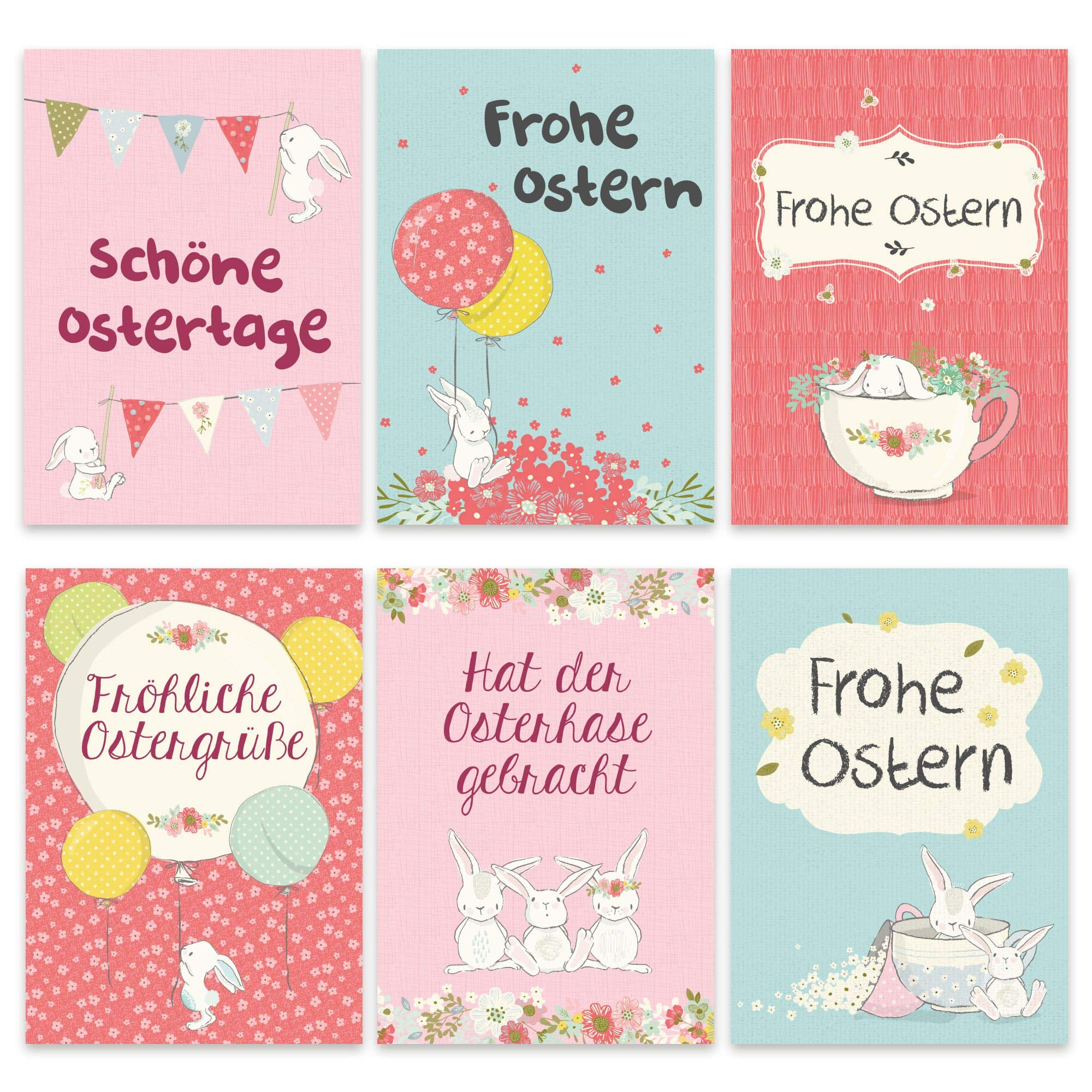 Papierdrachen Easter card set Easter bunny on blue pink coralle - 12 lovingly designed Easter postcards - Greetings cards set Easter bunny on blue pink coralle