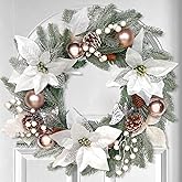 22 Inch Lighted Christmas Wreath Silver White Christmas Wreaths for Front Door with Large White Flowers, Balls, Berries, Pine Cones Winter Christmas Decorations for Indoor Outdoor Home Decor