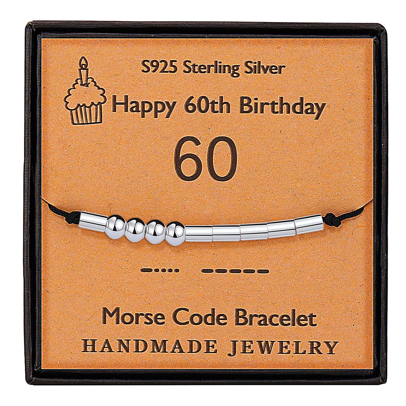 Gleamart Morse Code Bracelet 925 Sterling Silver Handmade Secret Message Beads Silk Cord Bangle Gift for Her Happy 60th Birthday