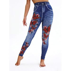 Spring Summer Ladies Casual Fashion Imitation Denim Leggings Blue Butterfly Pattern Legging Outdoor Walking Nine-Point Pants
