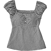 SOLY HUX Girl's Plaid Gingham Tops Sweetheart Neck Puff Sleeve Peplum Cute Summer Blouse