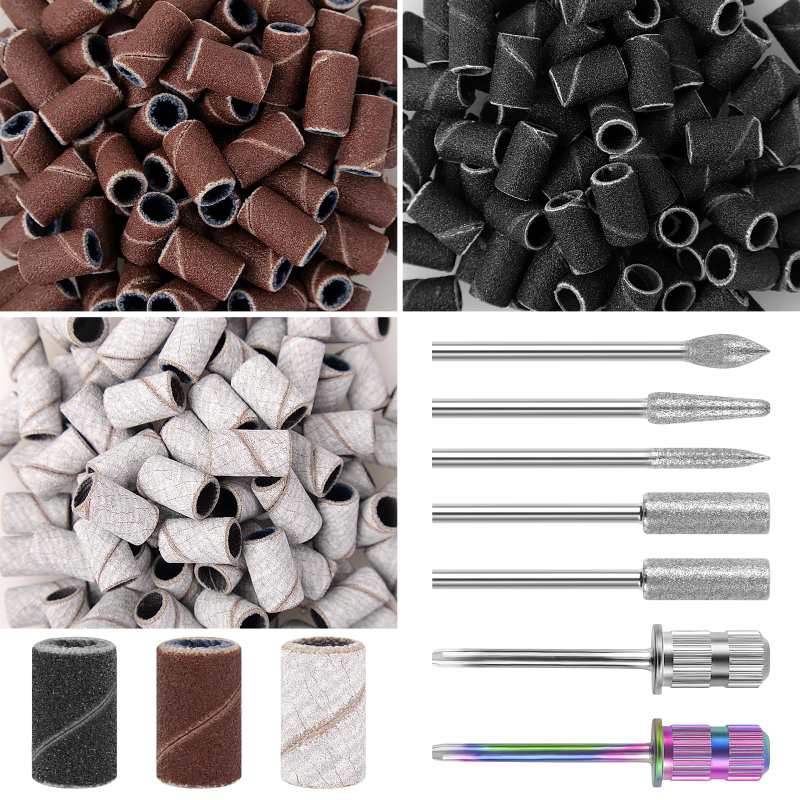 BELICOO Sanding Bands for Nail Drill, 300Pcs Coarse Fine Sanding Bands w/ 7Pcs Nail Drill Bits, 150#180#240#Grit Nail Sanding Bands for Manicures Pedicures, Electric Nail File Bits — image 1