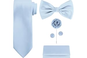 TIE G U STYLE TIE G 5pcs Tie Set in WHITE OR BLACK GIFT BOX: Solid Color Necktie, Satin Bow Tie, Pocket Square, Lapel, Cuff Links
