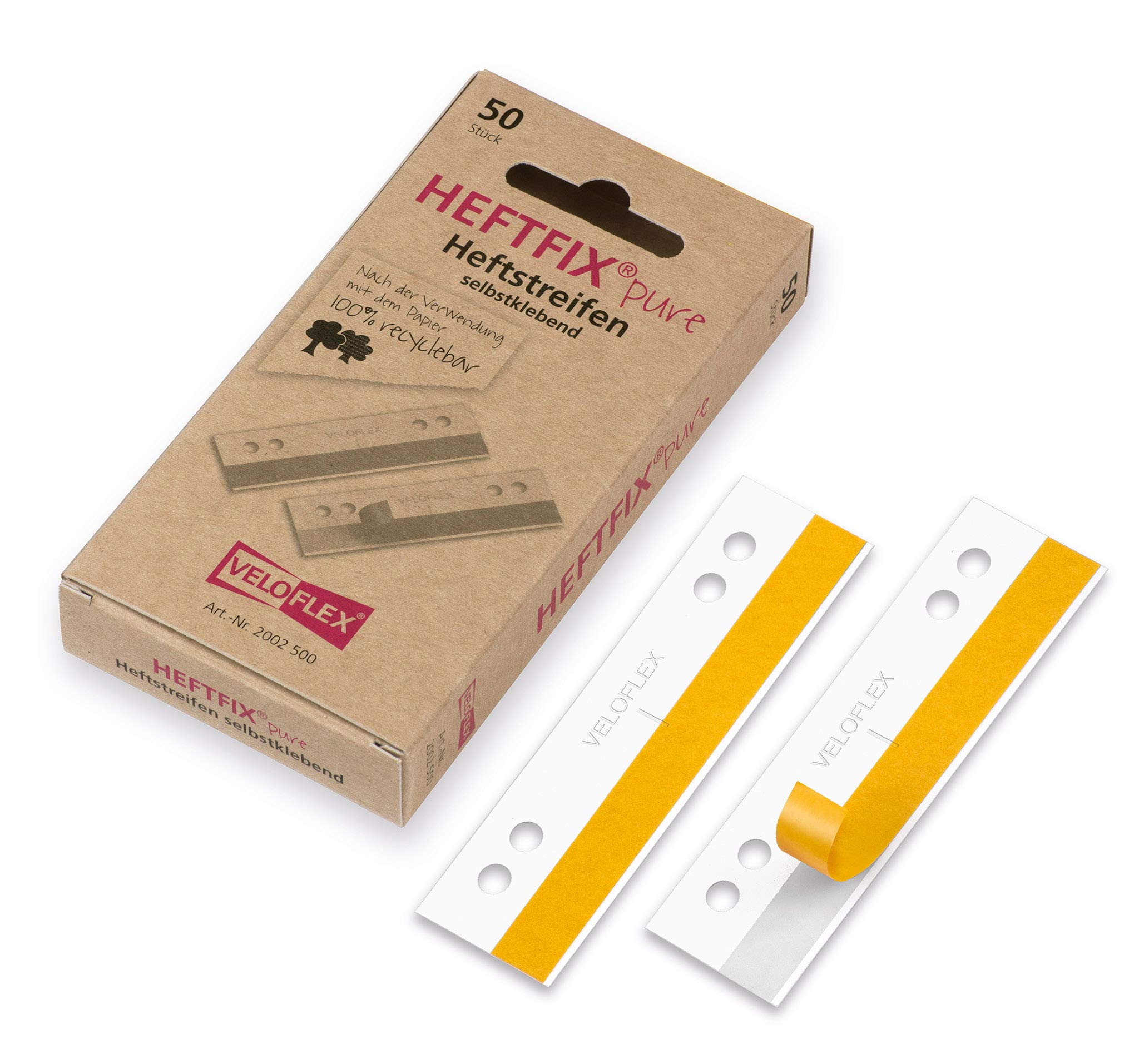 VELOFLEX Heftfix 2002500 Pure Stapling Strips, 105 mm Long, FSC Certified Paper, Self-Adhesive, Hole Spacing 60 & 80 mm, for Filing Patterns, Drawings, Pictures, etc., Pack of 50, White