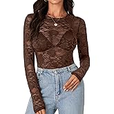 LYANER Women's Sexy Mesh Top Floral Long Sleeve See Through Shirt Lace Sheer Blouses