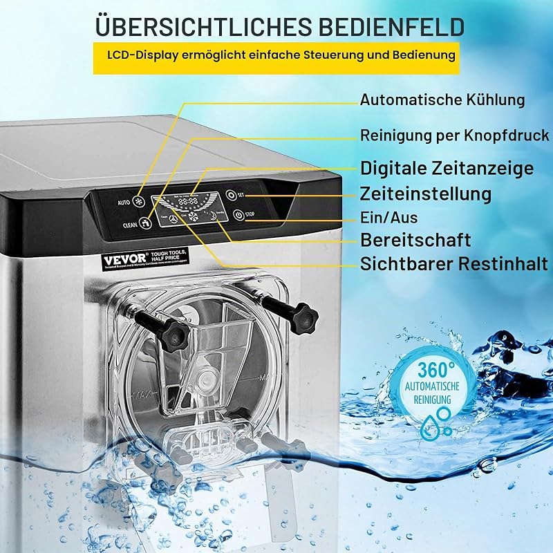 kommerzielle Eismaschine Eiscrememaschine 16-20 L/H Eiscreme, 1400 W Harteiscreme-Maschine mit intelligentem LCD-Display & verschiedenen Geschmacksrichtungen, für Snackbar, Restaurant Silber