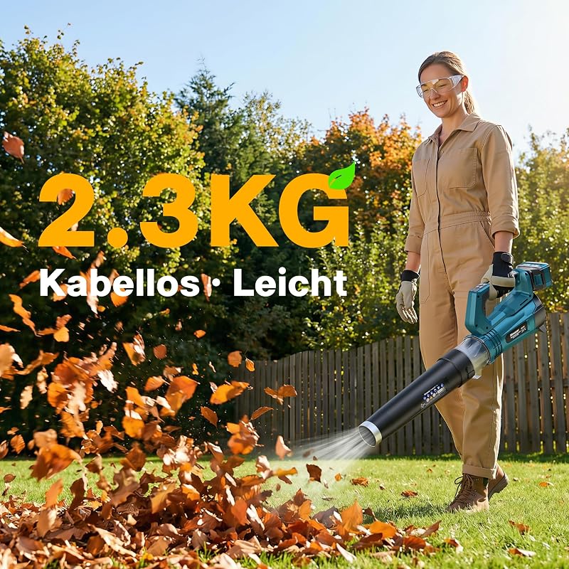 Akku Laubbläser Kabellos, Leicht und Bürstenlos, 4 Stufen+Turbo, 2 Akkus
