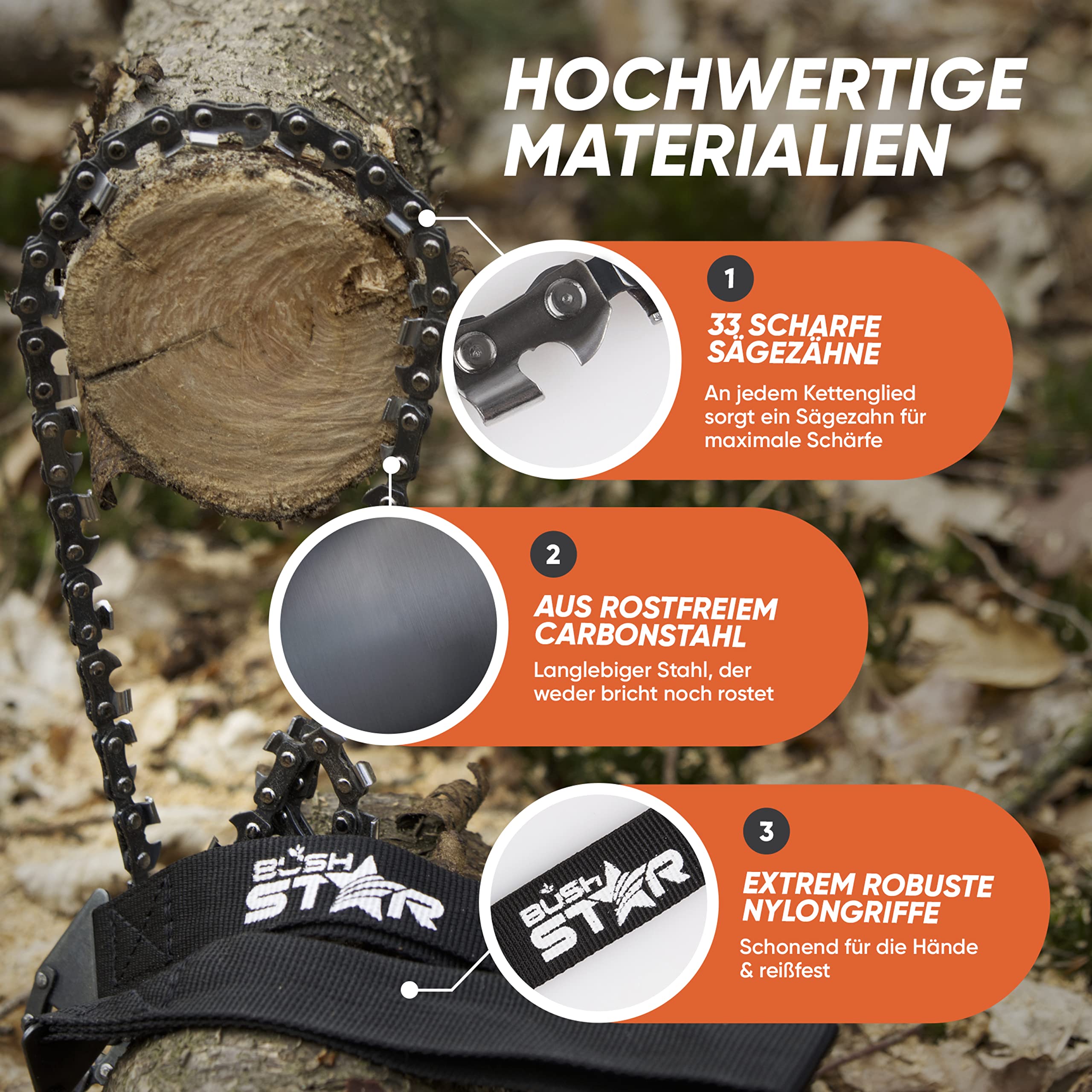 Bushstar Handkettensäge mit 33 Zähnen inkl. Gürteltasche und GRATIS FEUERSTARTER Holz schnell und einfach sägen - Premium Hand-/AST-/Holz-/Gartensäge für Survival, Outdoor & Camping 3