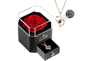 WILDLOVE Preserved Real Red Rose with I Love You Necklace, Forever Flowers Gifts for Women, Mom, Wife and Girlfriend, Anniversary Birthday Gifts for Women