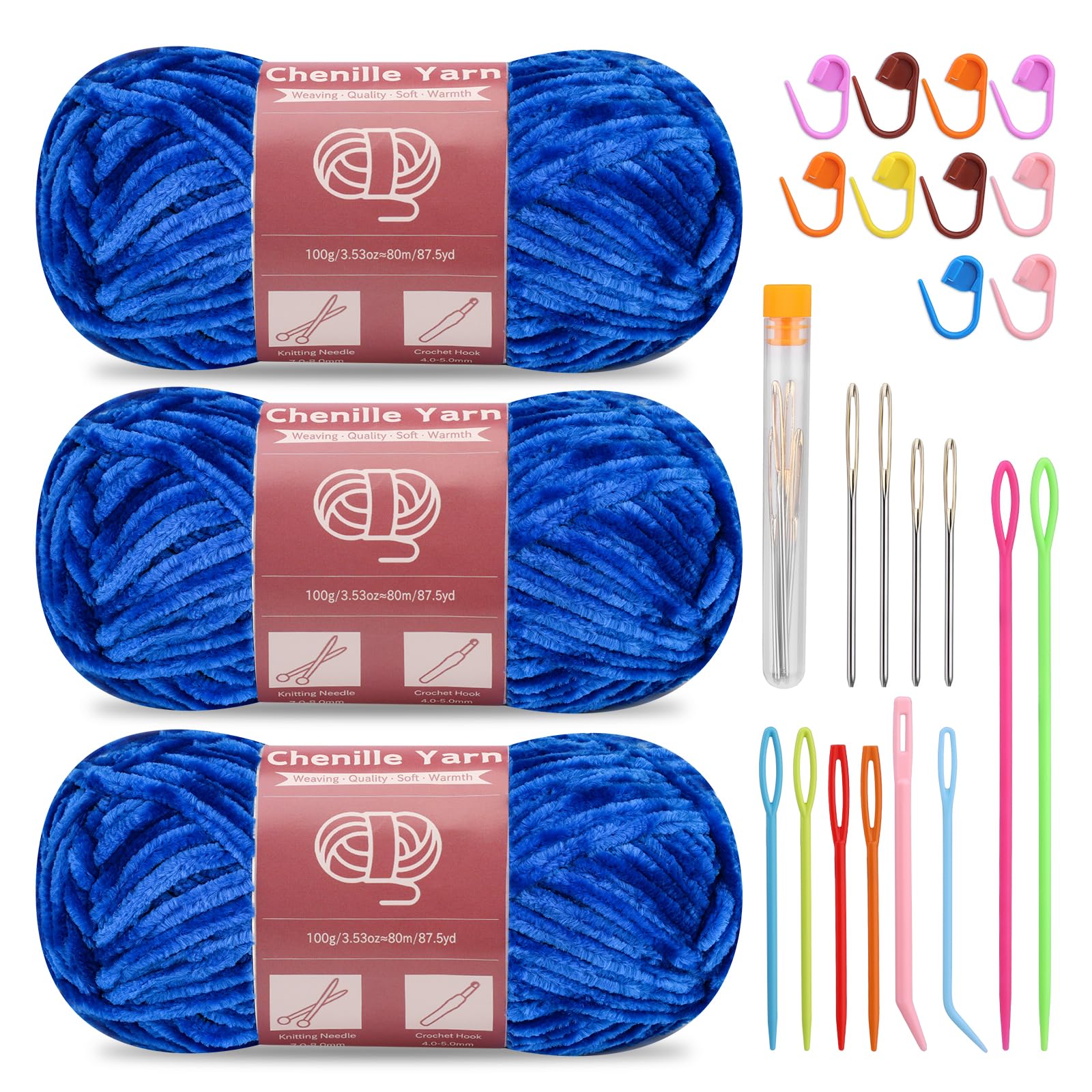 SUVSOON 3 * 100g Chenille Yarn, Velvet Yarn for Crocheting and Knitting with Needles Stitch Marker Handcrafts Weaving Soft Chenille Yarns for Blankets, Clothes, Pattern Knitting(Royal Blue) — image 1