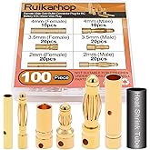 Ruikarhop 100 PCS RC Bullet Connectors 2mm 3.5mm 4mm Female Male Gold Banana Bullet Connector Plug with Heat Shrink Tube