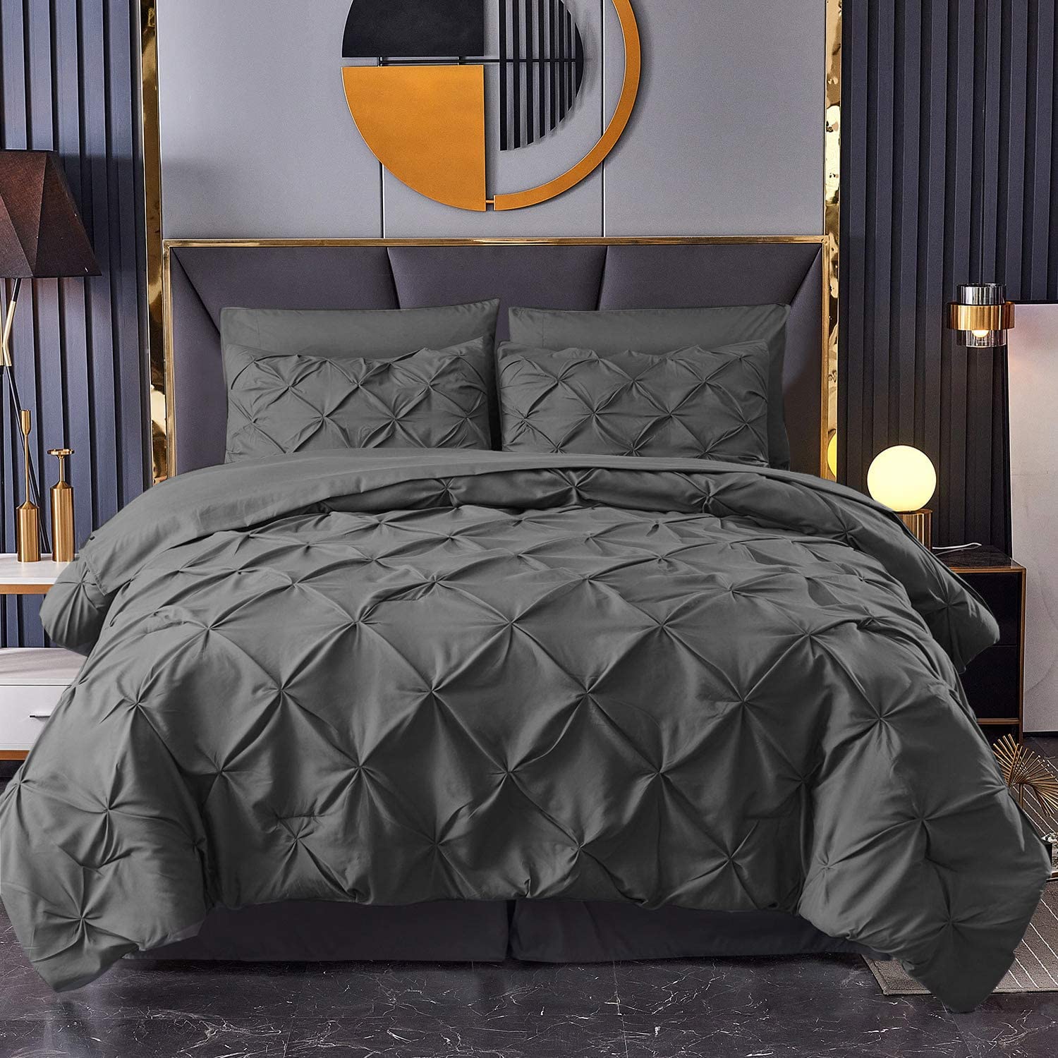 MK Home Textile Pintuck Duvet Cover 3 Piece Pinch Pleat Bedding Sets – 100% Cotton Percale 200 Thread Count Quilt Covers – White/Silver Grey/Charcoal/Pink/Navy Bed Set (Charcoal, Single)