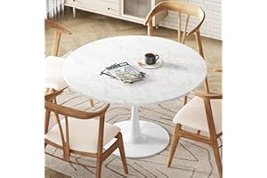 DKLGG White Marble Round Dining Table, 31.5" Tulip Kitchen Dining Table 2-4 People with MDF Top & Pedestal Base, Mid-Century End Table Leisure Coffee Office Living Room Table