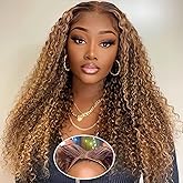 Highlight Ombre 4/27 Human Hair Wear and Go Glueless Wigs Deep Wave Curly Wet and Wavy Lace Front Pre Plucked Pre Cut 5x5 HD Lace Closure Wigs for Black Women (highlight ombre 4/27, 22 Inch)