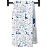 BUJSP Chinoiserie Cat Animal Print Kitchen Towels,Cats Gifts Dish Tea Towels for Cat Mom Lady Lovers,Blue and White Toile de Jouy Decorative Hand Towel for Kitchen Bathroom, 16x24 Inch