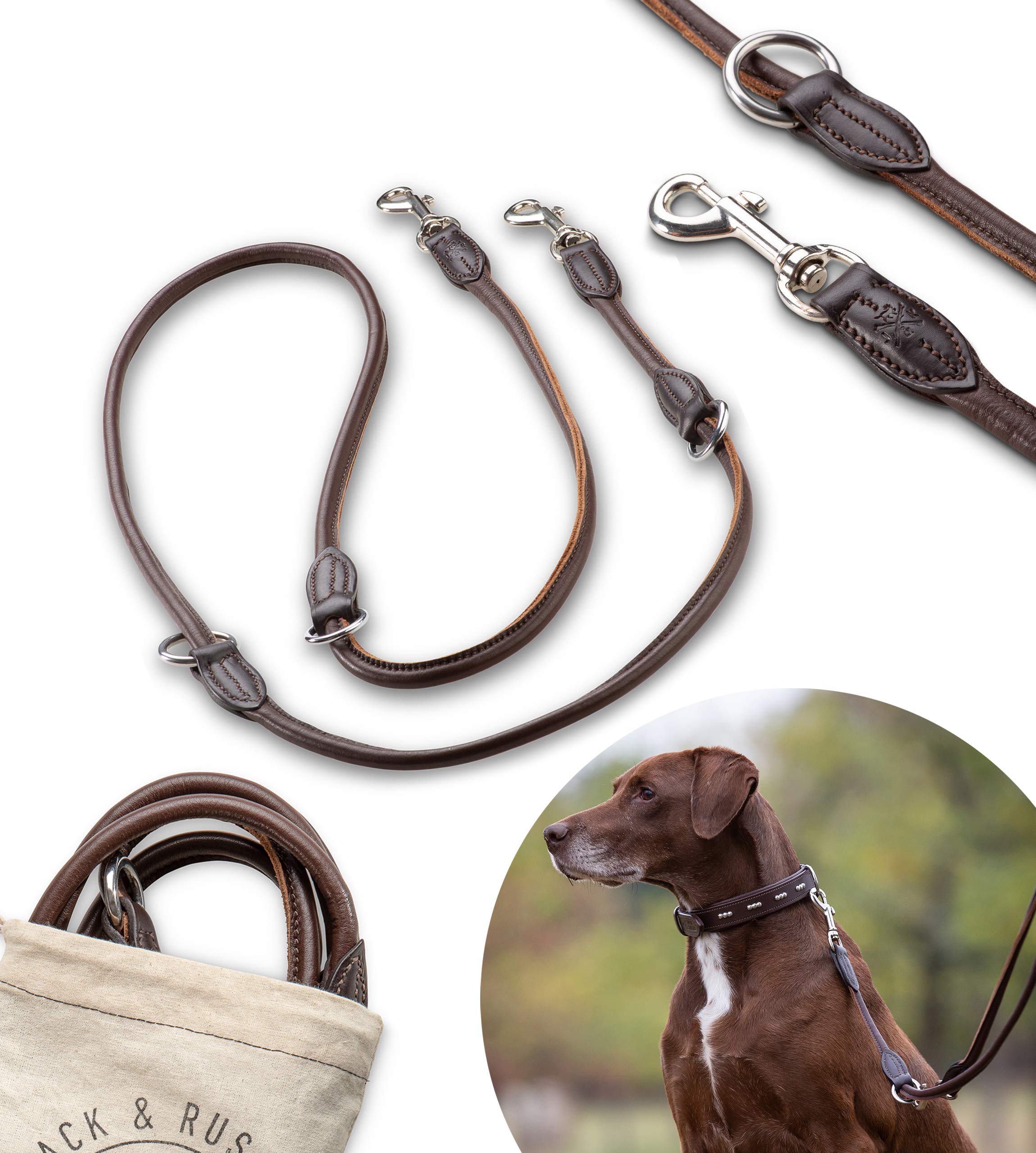 Jack & Russell Premium 6,5ft Dog Leather lead with carbine - multiple adjustable dog leash - made of geniune leather Dora (6ft, Brown)