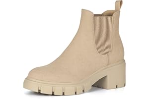 Athlefit Women's Chelsea Boots Fashion Lug Sole Chunky Heel Slip on Elastic Ankle Booties