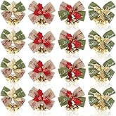 Garneck 20pcs Christmas Bows with Bells Xmas Garland Wreath Bows Ornaments Mini Bow for Christmas Tree Decor Small Linen Bowknot for Crafts Holiday Wedding Party Presents Wrapping Supplies