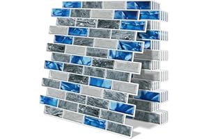 Tiwoos Thick Kitchen Backsplash Tile Peel and Stick 12"x12" Self Adhesive Sticky Tiles for Walls(10-Sheet,Blue)