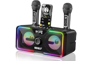 SDRD Karaoke Machine for Adults & Kids – 2 Wireless Mics, Powerful Loud Sound, Bluetooth, Rechargeable, Foldable Handle, LED 