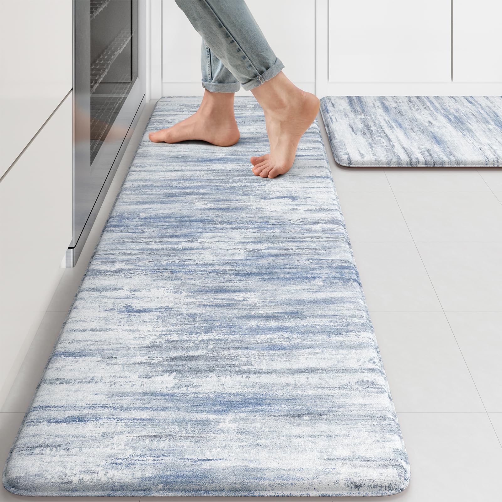 Photo 1 of KIMODE Anti Fatigue Kitchen Mats 17"x47"+17"x29", Abstract Kitchen Rugs Sets of 2, Non Slip Kitchen Mats for Floor, Cushioned Comfort Standing Mats for Sink, Laundry, Office, Desk Multi-Blue
